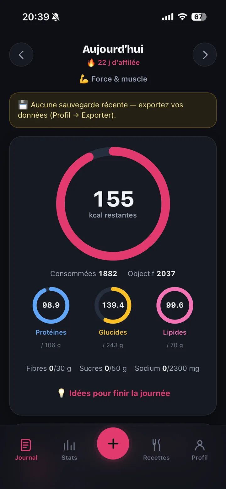 Journal Radish : calories et macros du jour, gratuit et sans compte à créer