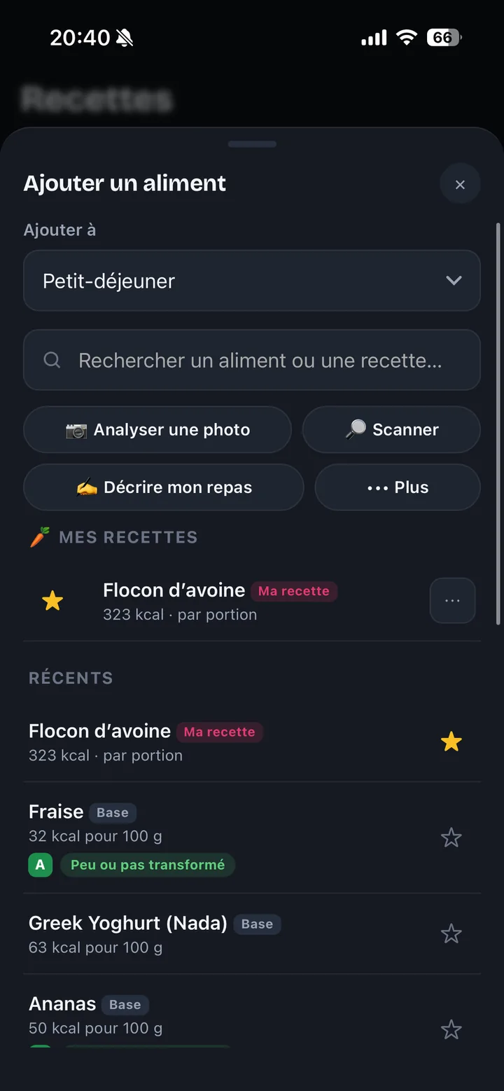 Écran d'ajout d'aliment dans Radish : scanner de code-barres gratuit, analyse photo et recherche